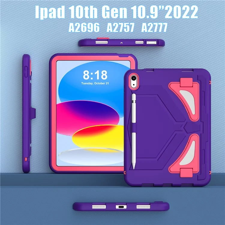 For iPad (2025) / 10.9 (2022) Leopard Style Case Rugged Drop Protection Cover with Kickstand - Purple+Rose