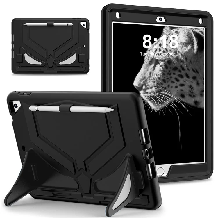 For iPad 9.7-inch (2017) / (2018) / iPad Air 2 / iPad Pro 9.7 inch (2016) Case Kickstand Tablet Cover Leopard Style - Black+Black