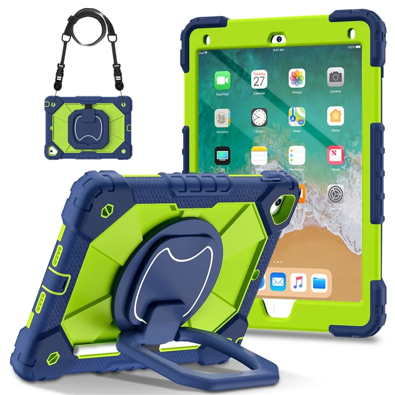C3 for iPad Pro 9.7 inch (2016) / iPad 9.7-inch (2017) / (2018) Tablet Case Cover Handle Kickstand - Navy Blue+Yellowgreen