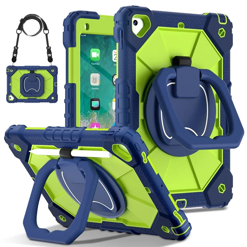 C3 for iPad Pro 9.7 inch (2016) / iPad 9.7-inch (2017) / (2018) Tablet Case Cover Handle Kickstand - Navy Blue+Yellowgreen