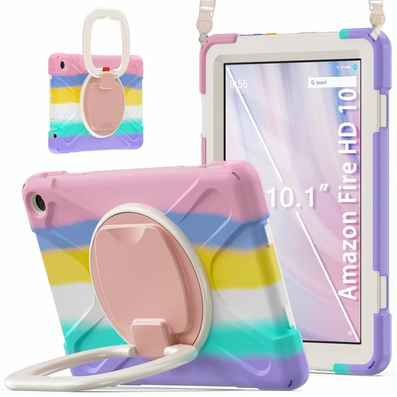 For Amazon Fire HD 10 (2023) Case Kickstand Rugged Tablet Cover with Shoulder Strap - Colorful Pink