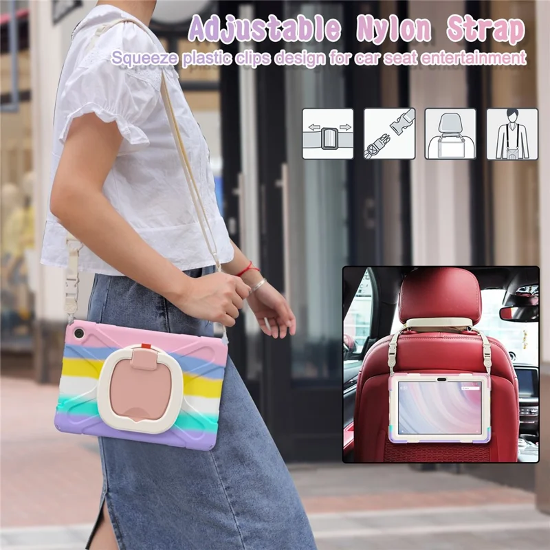 For Amazon Fire HD 10 (2023) Case Kickstand Rugged Tablet Cover with Shoulder Strap - Colorful Pink