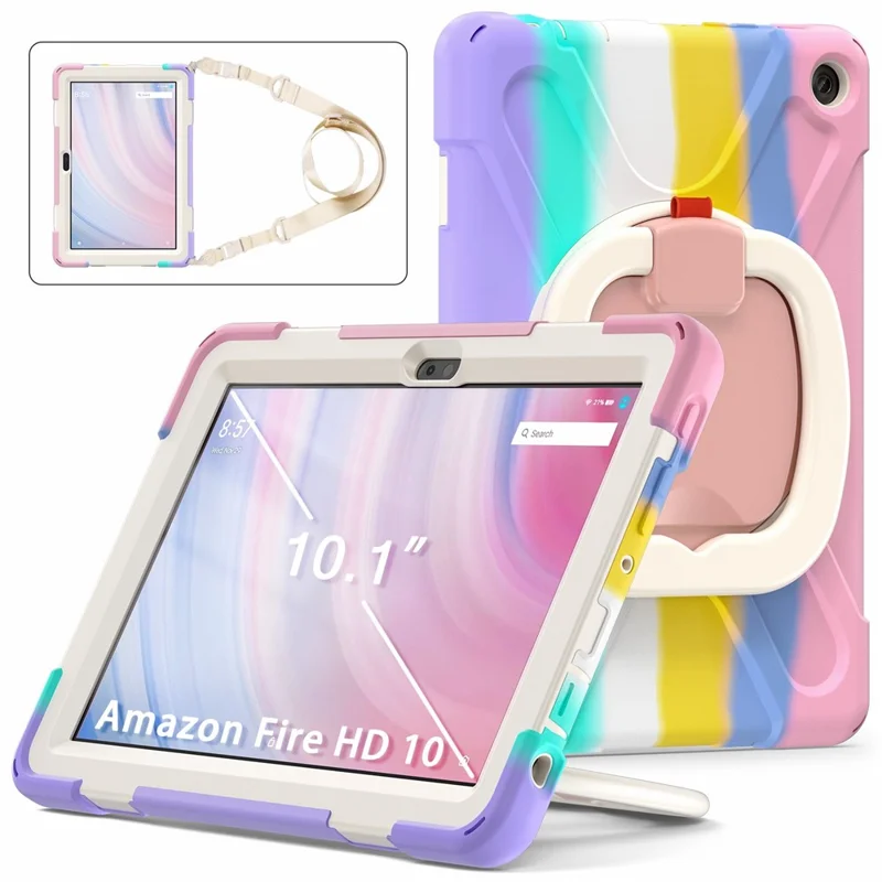 For Amazon Fire HD 10 (2023) Case Kickstand Rugged Tablet Cover with Shoulder Strap - Colorful Pink