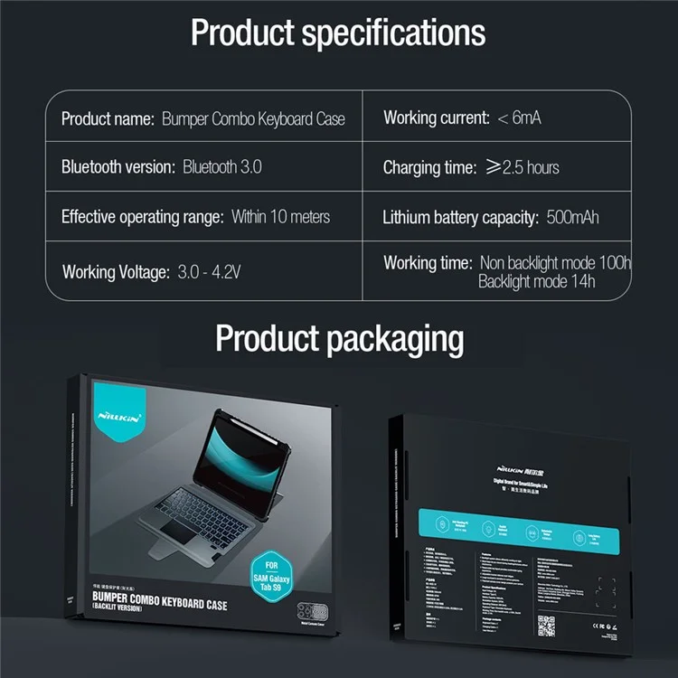 NILLKIN для Samsung Galaxy Tab S9 Tablet Case с съемной клавиатурой с подсветкой Bluetooth