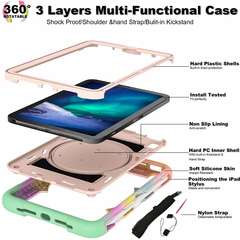 For iPad mini (2024) / mini (2021) Tablet Case TPU+PC Kickstand Cover with Shoulder Strap - Colorful Gold