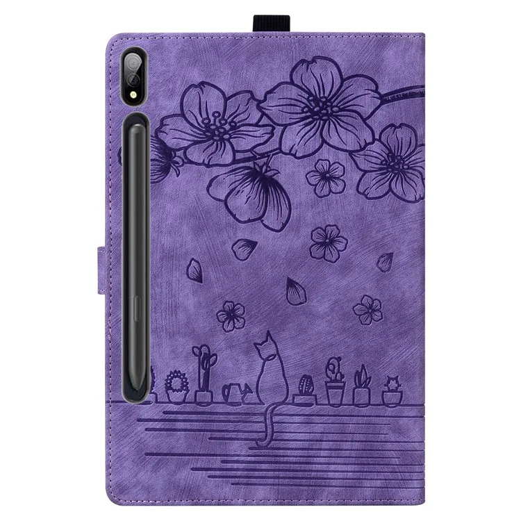 Pour Samsung Galaxy Tab S9 FE+ Étui en cuir pour tablette Motif floral chat Logements pour cartes Couverture - Violet