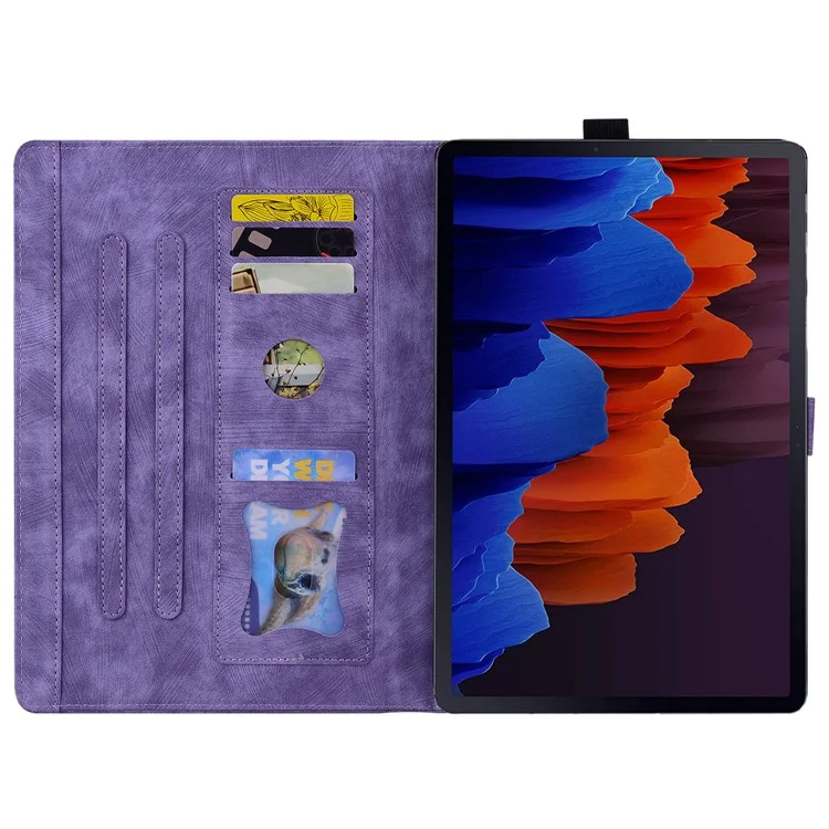 Pour Samsung Galaxy Tab S9 FE+ Étui en cuir pour tablette Motif floral chat Logements pour cartes Couverture - Violet