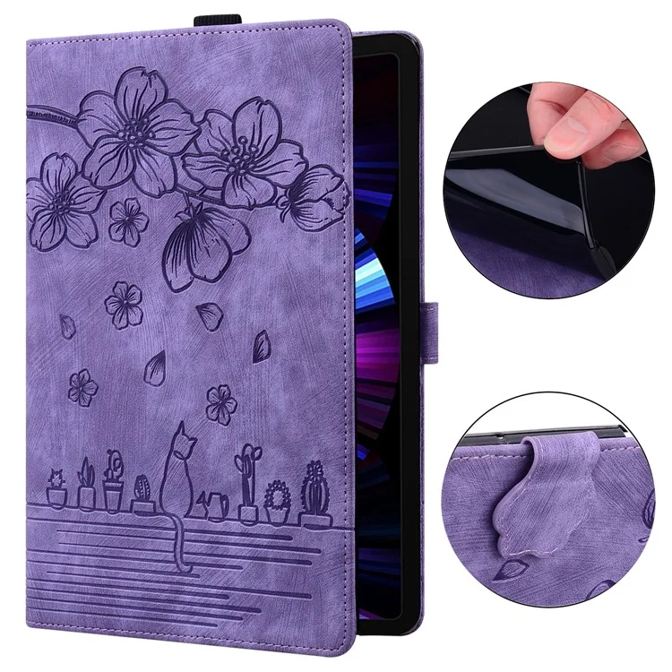 Pour Samsung Galaxy Tab S9 FE+ Étui en cuir pour tablette Motif floral chat Logements pour cartes Couverture - Violet