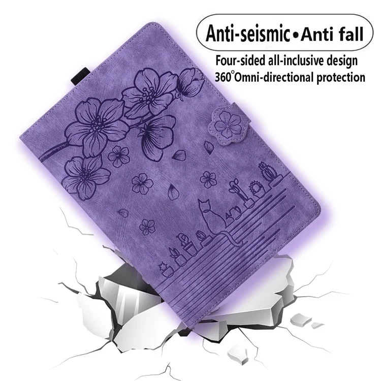 Pour Samsung Galaxy Tab S9 FE+ Étui en cuir pour tablette Motif floral chat Logements pour cartes Couverture - Violet