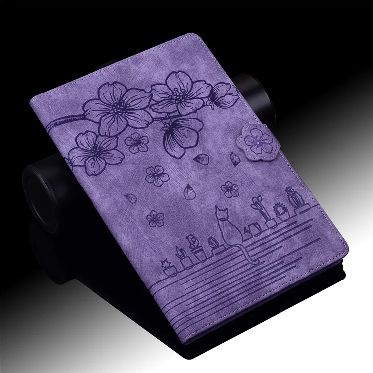 Pour Samsung Galaxy Tab S9 FE+ Étui en cuir pour tablette Motif floral chat Logements pour cartes Couverture - Violet