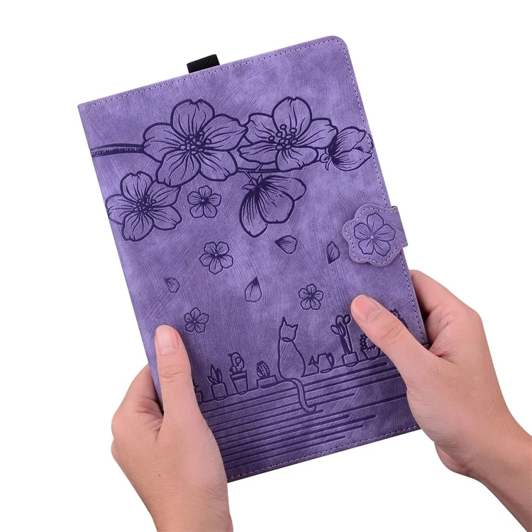 Pour Samsung Galaxy Tab S9 FE+ Étui en cuir pour tablette Motif floral chat Logements pour cartes Couverture - Violet