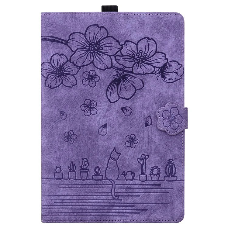 Pour Samsung Galaxy Tab S9 FE+ Étui en cuir pour tablette Motif floral chat Logements pour cartes Couverture - Violet