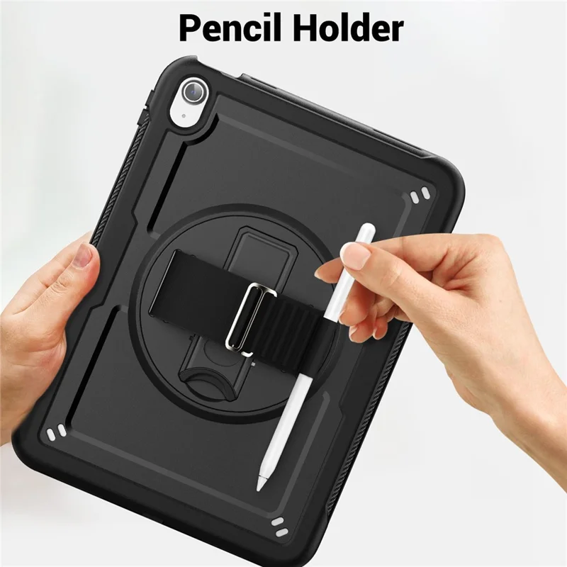 Tablet Case for iPad (2025) / 10.9 (2022) (A2696) Hand Strap Kickstand PC+TPU Cover Drop-Proof - Black