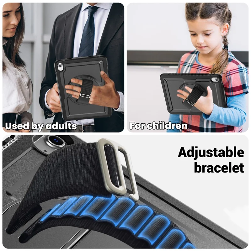 Tablet Case for iPad (2025) / 10.9 (2022) (A2696) Hand Strap Kickstand PC+TPU Cover Drop-Proof - Black