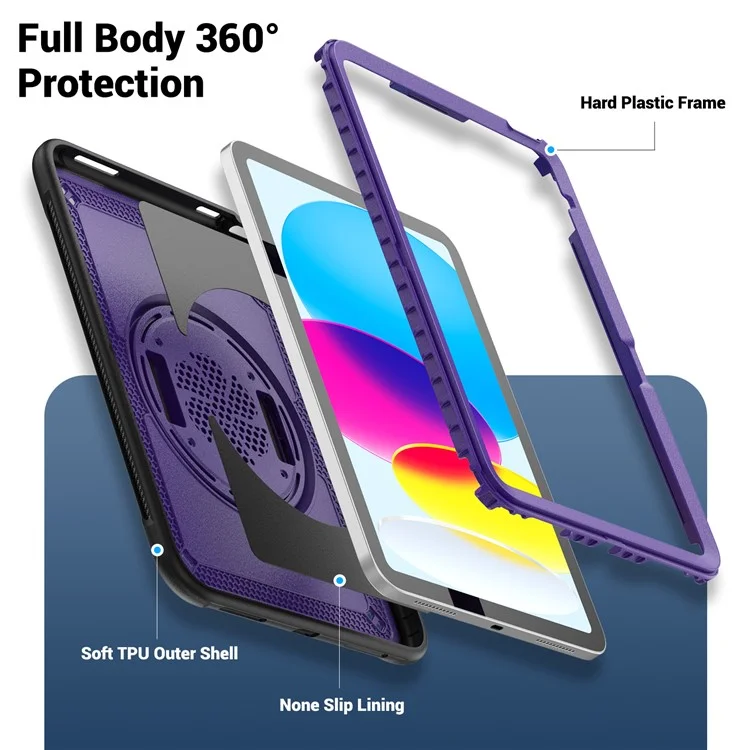 Case para Tablet para iPad 10.9 (2022) (A2696) com Alça de Mão, Suporte Dobrável, Capa de PC+TPU à Prova de Quedas - Roxo