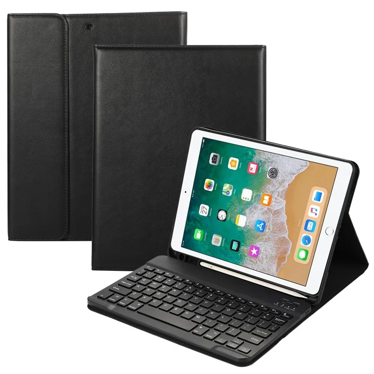 Für iPad Air (2013) / Air 2 / 9,7-Zoll (2017) / (2018) Bluetooth-Tastatur-Lederetui mit Stiftfach - Schwarz