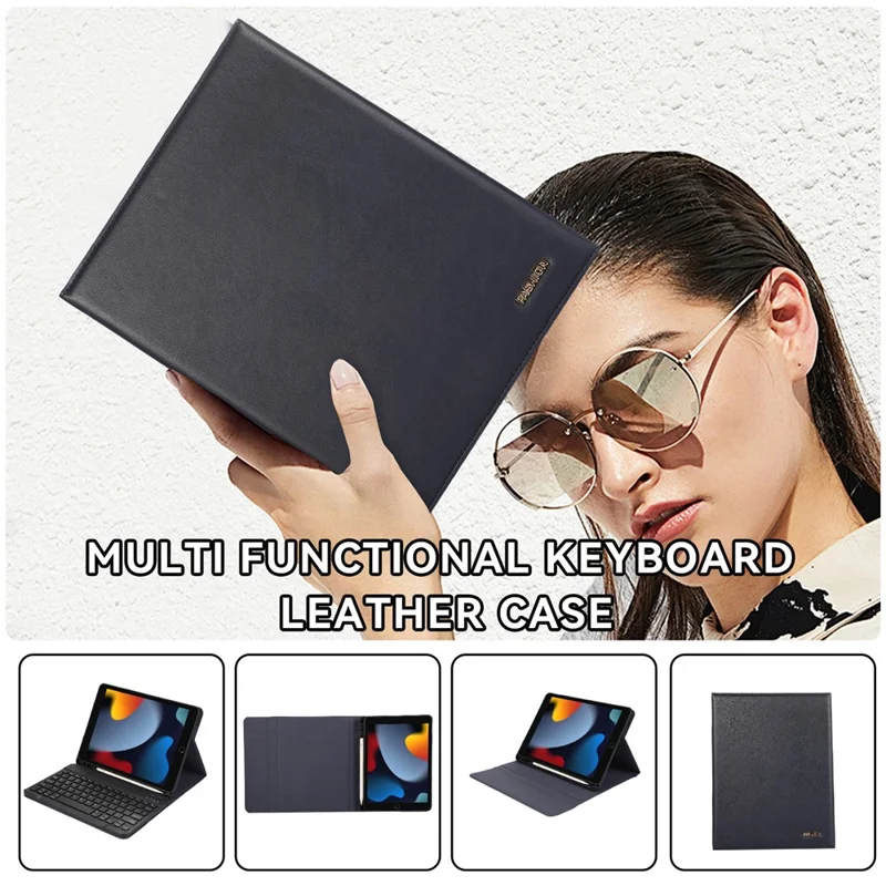 For iPad 10.2 (2021)  /  (2020)  /  (2019) Leather Bluetooth-compatible Keyboard Case Stand with Pen Holder - Blue