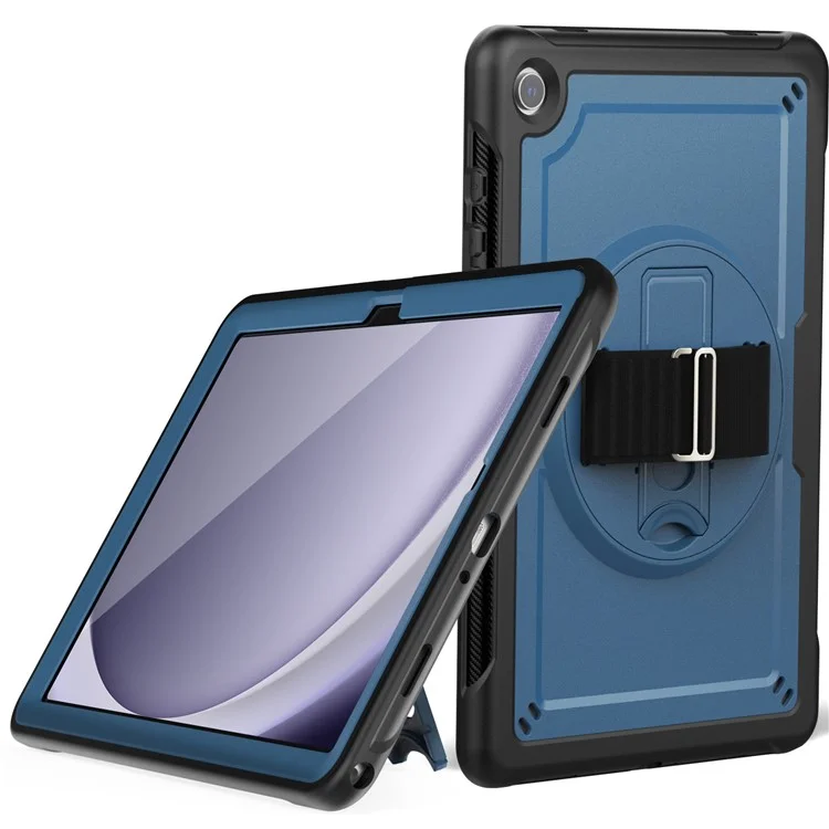 Para Samsung Galaxy Tab A9+ Kickstand Cover Hand Strap Design PC+TPU Tablet Case - Navy Blue