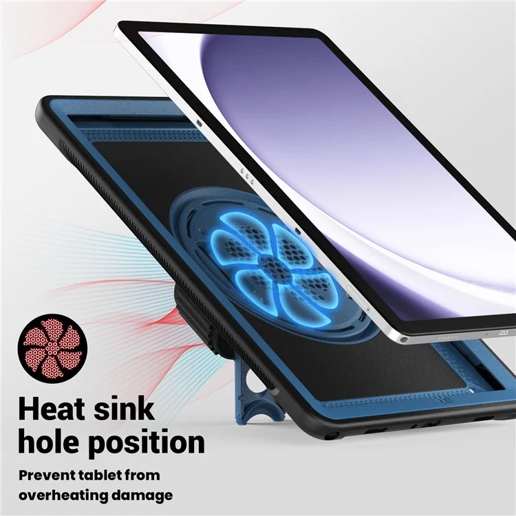 Para Samsung Galaxy Tab A9+ Kickstand Cover Hand Strap Design PC+TPU Tablet Case - Navy Blue