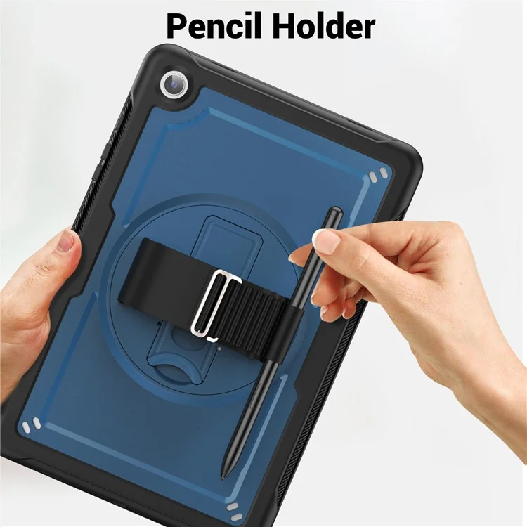 Para Samsung Galaxy Tab A9+ Kickstand Cover Hand Strap Design PC+TPU Tablet Case - Navy Blue