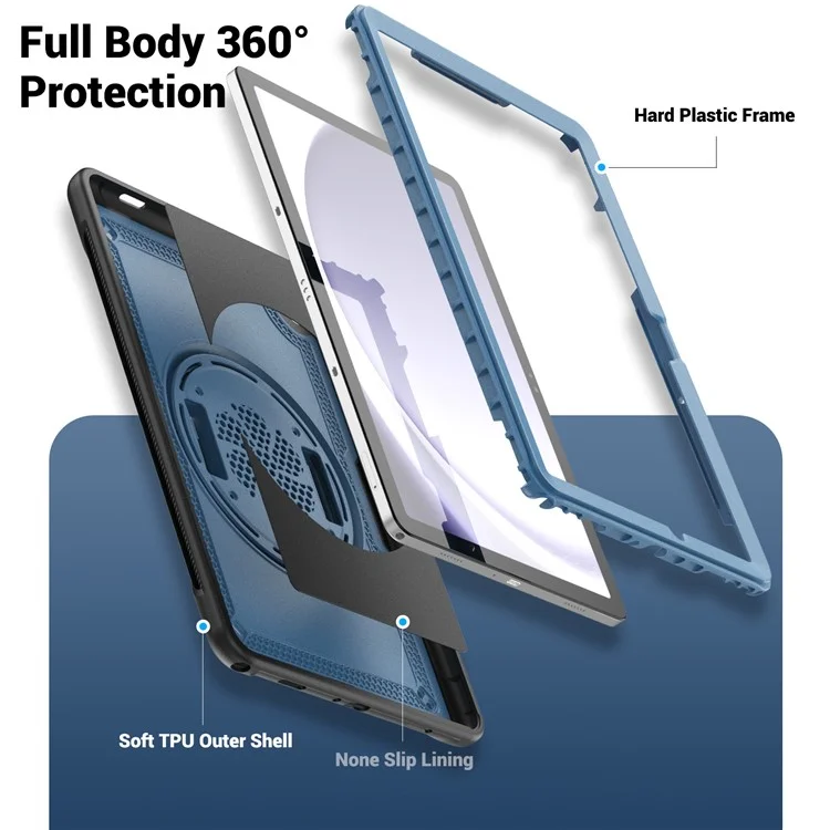 Para Samsung Galaxy Tab A9+ Kickstand Cover Hand Strap Design PC+TPU Tablet Case - Navy Blue