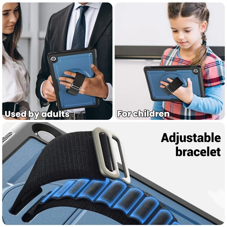 Para Samsung Galaxy Tab A9+ Kickstand Cover Hand Strap Design PC+TPU Tablet Case - Navy Blue