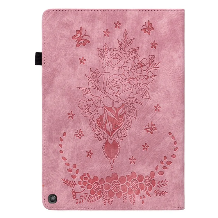 Para Amazon Fire HD 10 (2023) Tablet Case Card Holder Butterfly Rose Imprinted PU Leather Cover - Pink