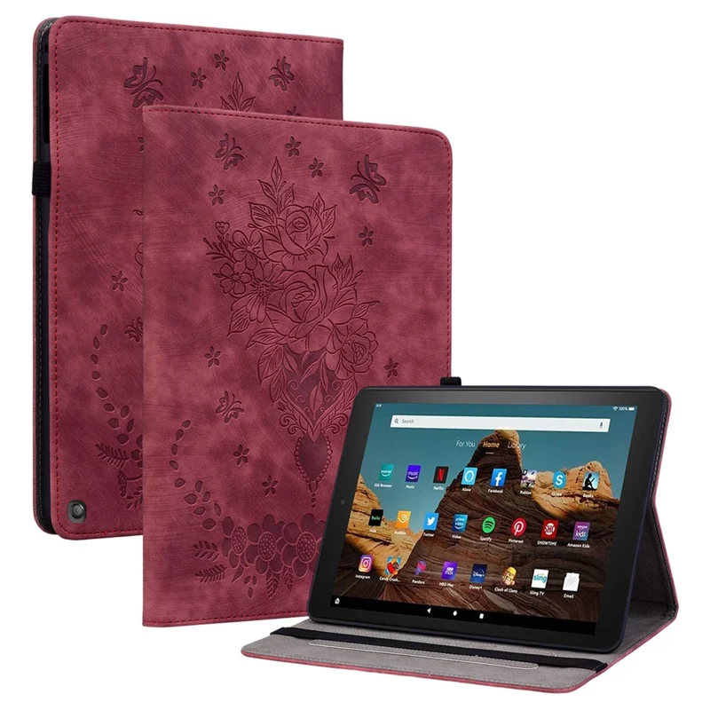 For Amazon Fire HD 10 (2023) Tablet Case Card Holder Butterfly Rose Imprinted PU Leather Cover - Red