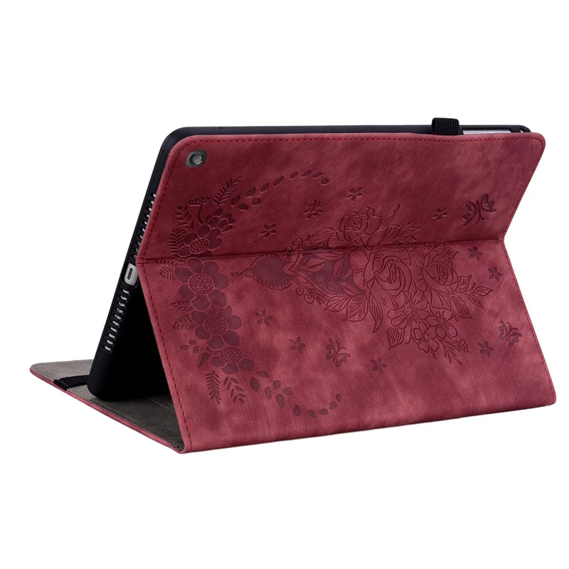 For Amazon Fire HD 10 (2023) Tablet Case Card Holder Butterfly Rose Imprinted PU Leather Cover - Red