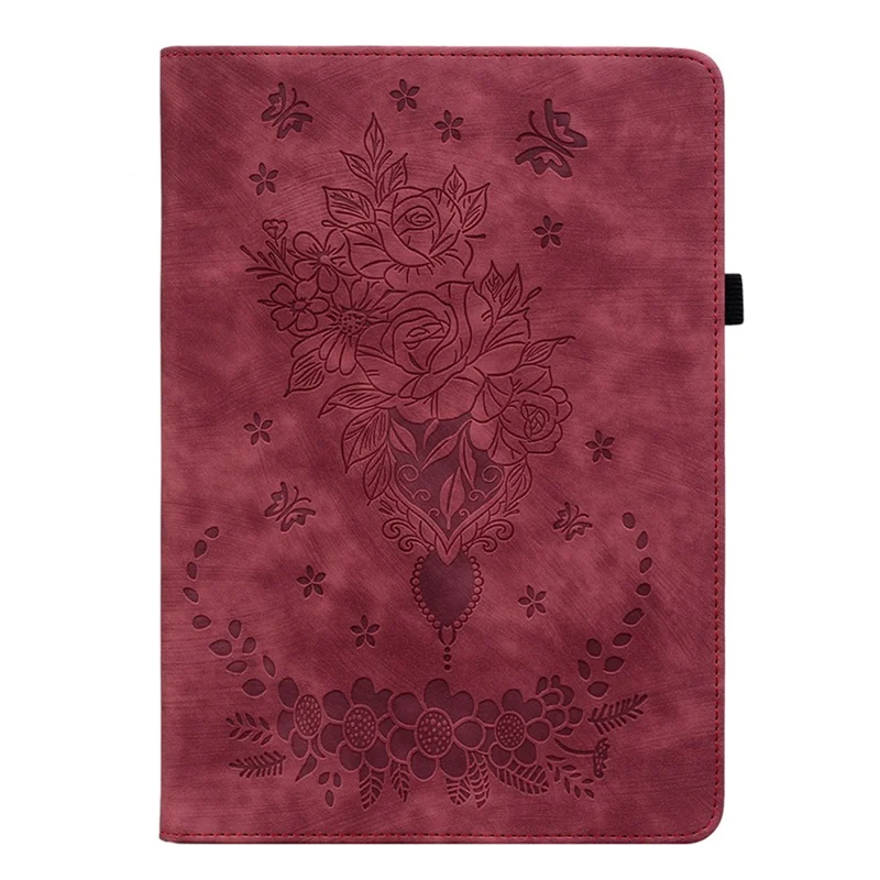 For Amazon Fire HD 10 (2023) Tablet Case Card Holder Butterfly Rose Imprinted PU Leather Cover - Red