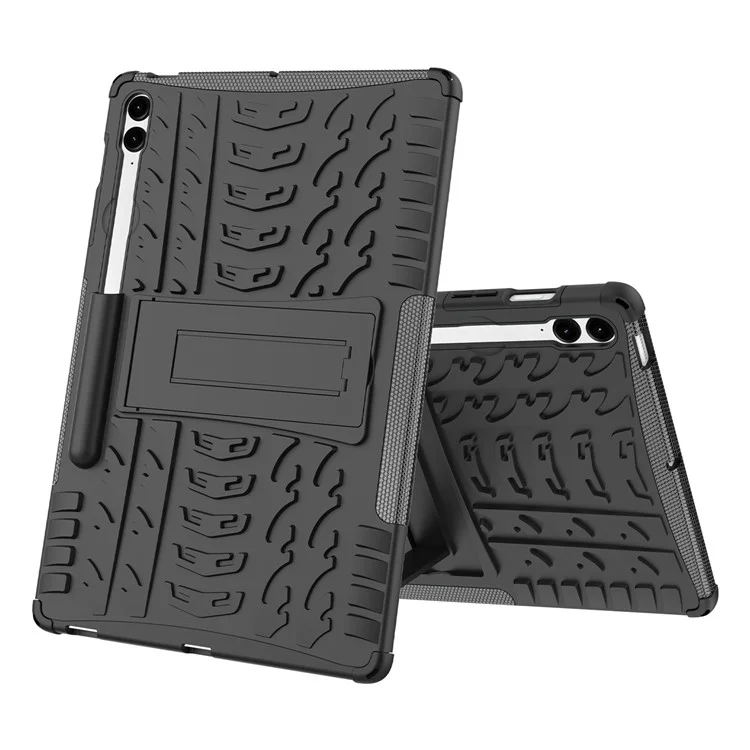 For Samsung Galaxy Tab S9 FE+ Case Tire Texture Kickstand TPU+PC Tablet Cover - Black