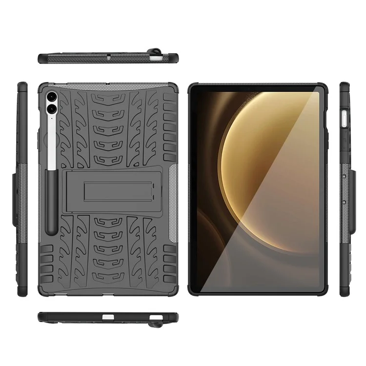 For Samsung Galaxy Tab S9 FE+ Case Tire Texture Kickstand TPU+PC Tablet Cover - Black