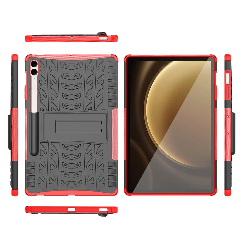 For Samsung Galaxy Tab S9 FE+ Case Tire Texture Kickstand TPU+PC Tablet Cover - Red