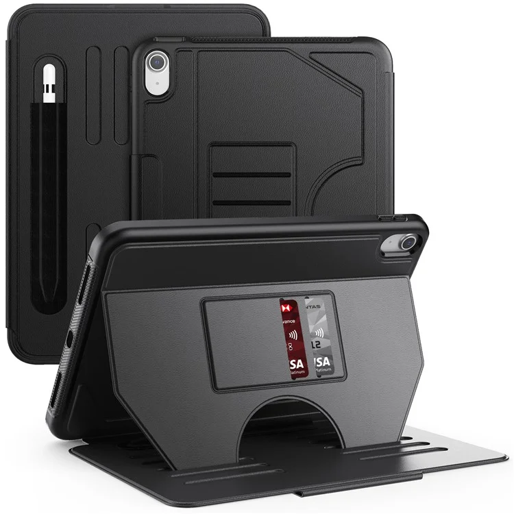 Para iPad 10.9 (2022) A2696 Funda con Soporte para Tarjetas, Soporte Ajustable de 5 Niveles, Ranura para Lápiz, Cubierta Plegable para Tableta - Negro