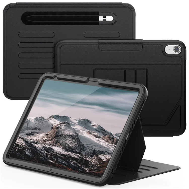 Para iPad 10.9 (2022) A2696 Funda con Soporte para Tarjetas, Soporte Ajustable de 5 Niveles, Ranura para Lápiz, Cubierta Plegable para Tableta - Negro