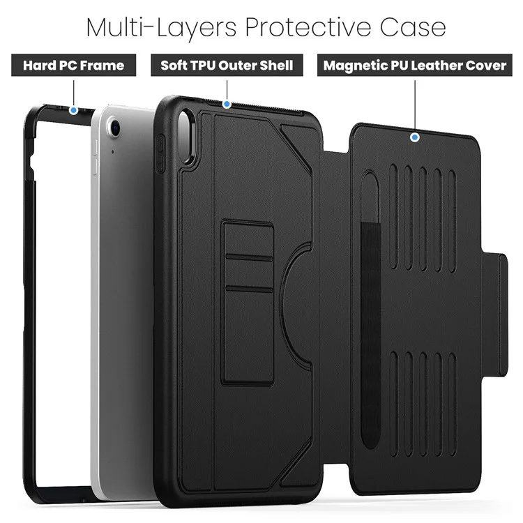 Para iPad 10.9 (2022) A2696 Funda con Soporte para Tarjetas, Soporte Ajustable de 5 Niveles, Ranura para Lápiz, Cubierta Plegable para Tableta - Negro