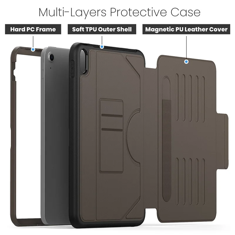 For iPad (2025) / 10.9 (2022) A2696 Case with Card Holder, 5-Level Adjustable Stand Pen Slot Tablet Flip Cover - Brown