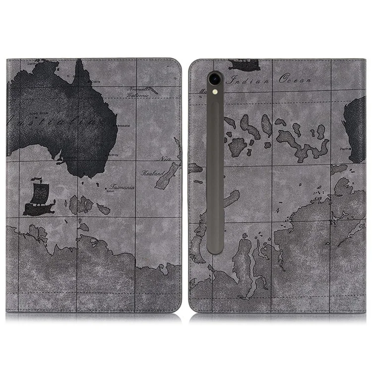 For Samsung Galaxy Tab S9 Wallet Case Map Pattern PU Leather Protective Tablet Cover - Grey