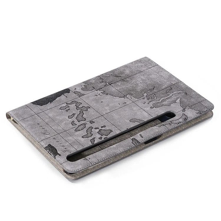 For Samsung Galaxy Tab S9 Wallet Case Map Pattern PU Leather Protective Tablet Cover - Grey