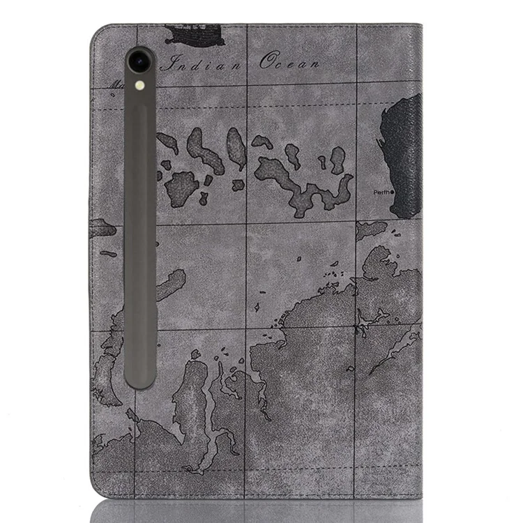 For Samsung Galaxy Tab S9 Wallet Case Map Pattern PU Leather Protective Tablet Cover - Grey