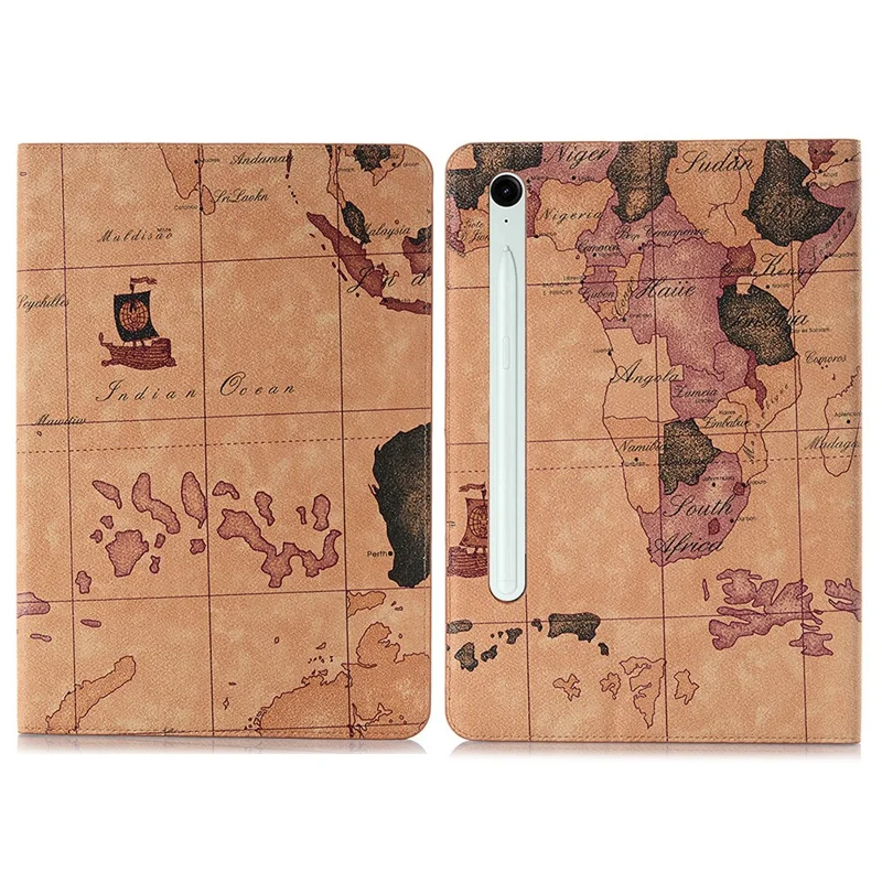 Housse de protection pour Samsung Galaxy Tab S9 FE, motif carte, en cuir PU - Jaune