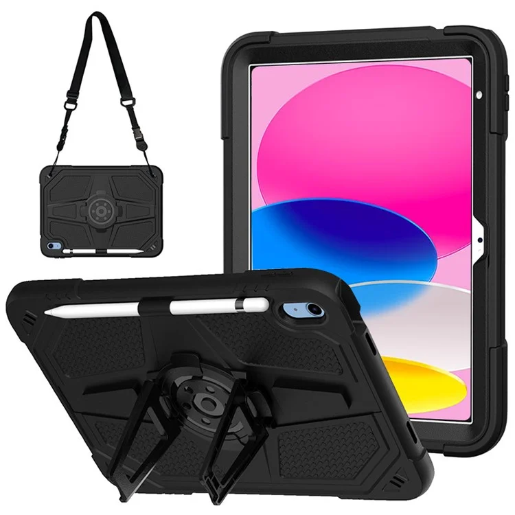 Pour iPad 10.9 (2022) Étui avec support Coque PC+Silicone Anti-chute Étui de tablette avec Bandoulière - Noir