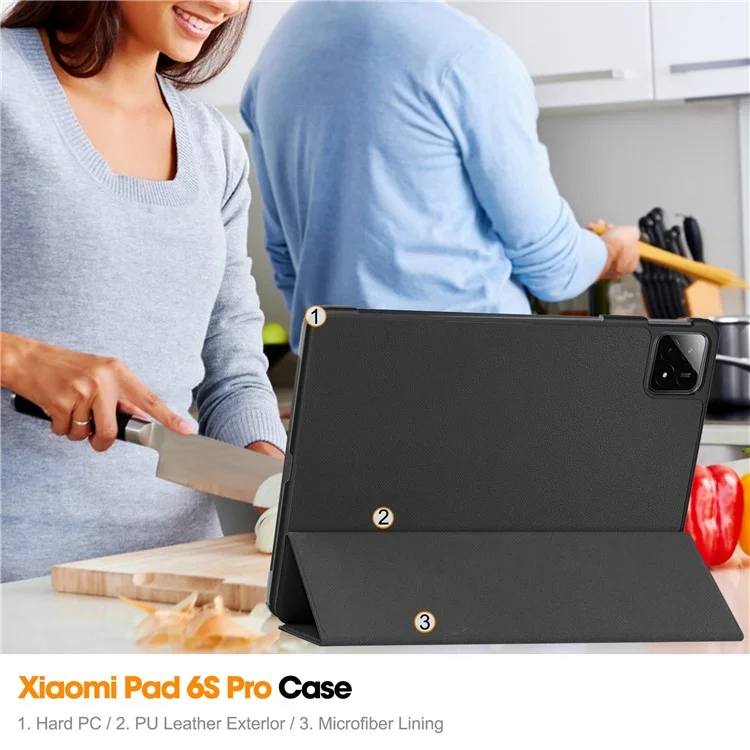 Para Xiaomi Pad 6S Pro 12.4 Capa de Couro Tri-fold Stand Auto Wake / Sleep Smart Shell - Preto