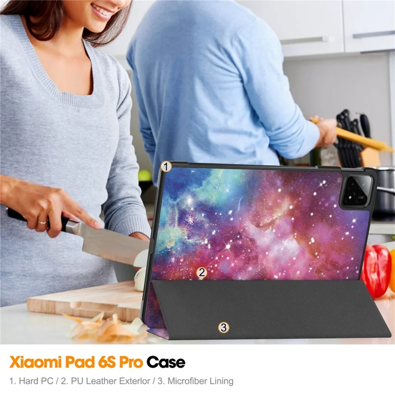 For Xiaomi Pad 6S Pro 12.4 Leather Case Trifold Stand Pattern Printing Tablet Cover - Galaxy