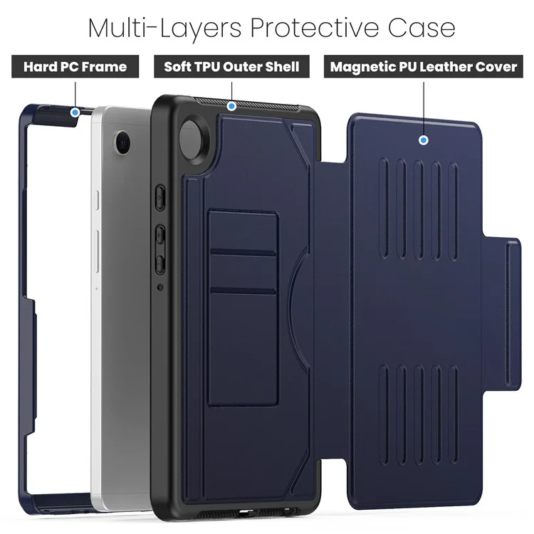 For Samsung Galaxy Tab A9 (SM-X110  /  X115) Case 5-Level Adjustable Stand Tablet Cover with Card Holder and Pen Slot - Navy Blue