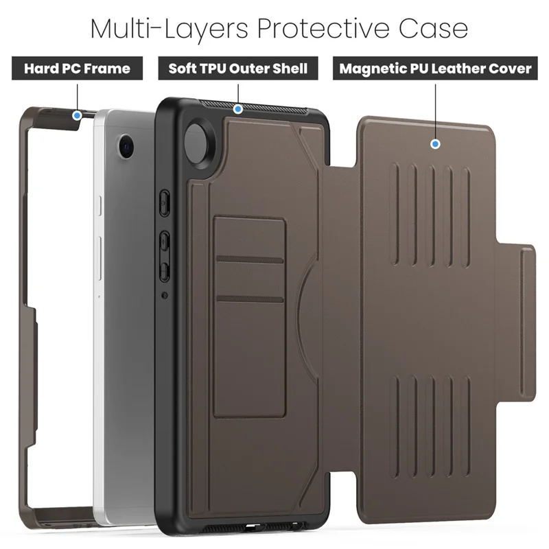 For Samsung Galaxy Tab A11 / A9 Case 5-Level Adjustable Stand Tablet Cover with Card Holder and Pen Slot - Brown