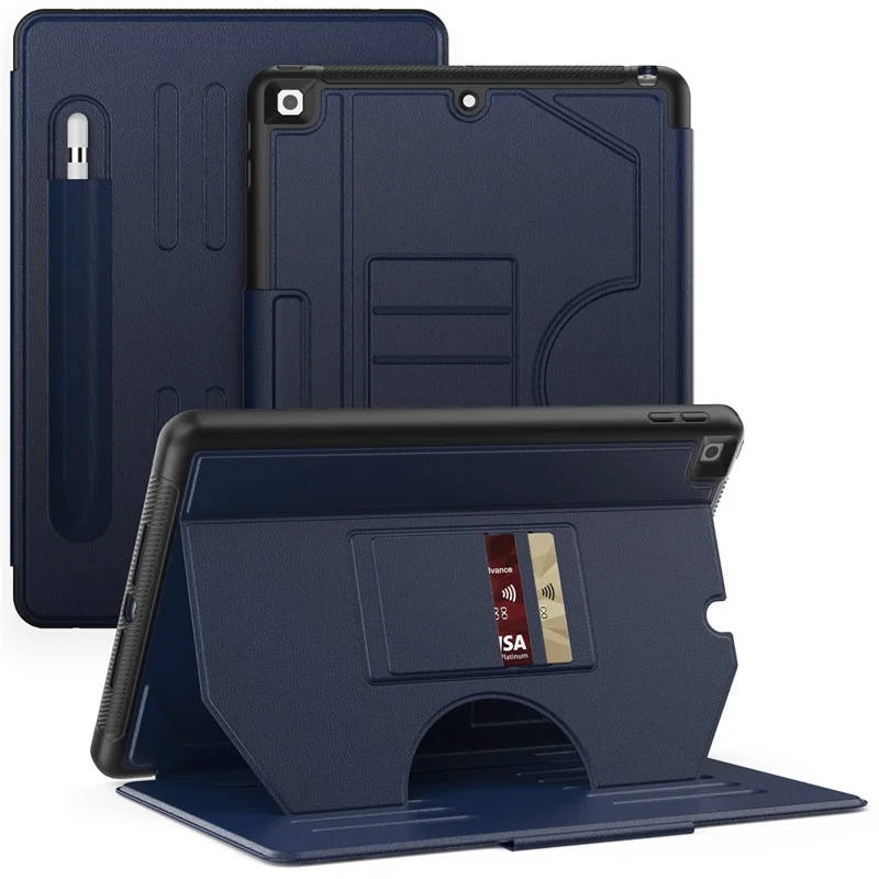 For iPad 10.2 (2021) / 10.2 (2019) / 10.2 (2020) Case Shockproof Card Holder Flip Tablet Cover with Pen Slot - Navy Blue