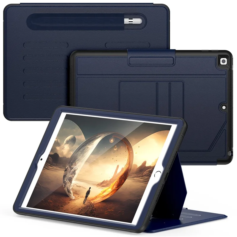 For iPad 10.2 (2021) / 10.2 (2019) / 10.2 (2020) Case Shockproof Card Holder Flip Tablet Cover with Pen Slot - Navy Blue