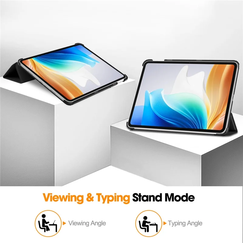 For Oppo Pad Go / Pad Air 2 Case PC+Leather Auto Wake Sleep Protective Shell with Tri-fold Stand - Black