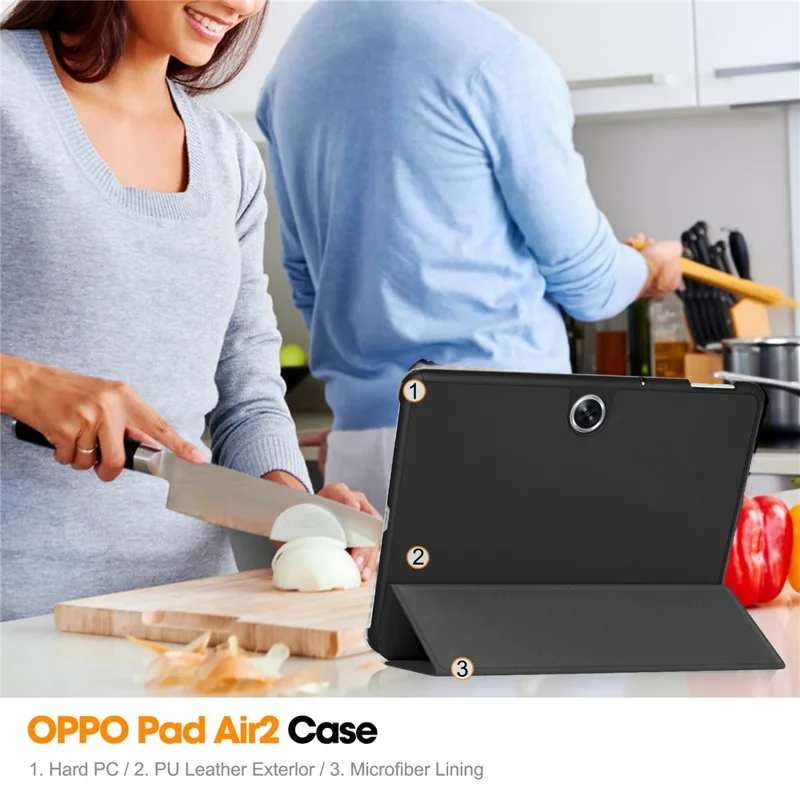 For Oppo Pad Go / Pad Air 2 Case PC+Leather Auto Wake Sleep Protective Shell with Tri-fold Stand - Black